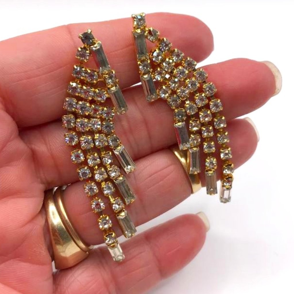 Vintage Hobe Gold-Tone Rhinestone Dangle Screwback Leverback Earrings 35$